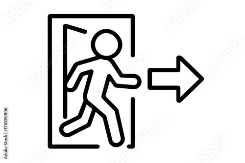 Emergency exit symbol with running man. Evacuation and safety sign. Way out icon for public spaces. Escape route pictogram with arrow. Line art vector illustration concept.