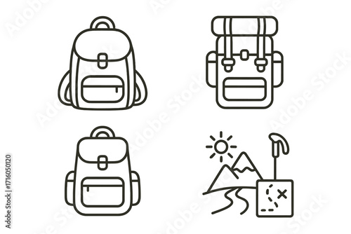 Hiking and camping backpack line icon set. Outdoor adventure and travel gear vector collection. Schoolbag, trekking rucksack, mountain, map, and path symbols. Editable stroke.