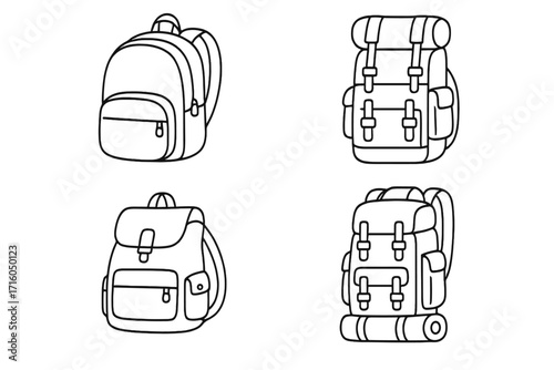 Backpack icon set line art collection. Rucksack, schoolbag, and hiking bag outline symbols. Vector illustration for travel, camping, trekking, and adventure tourism design.