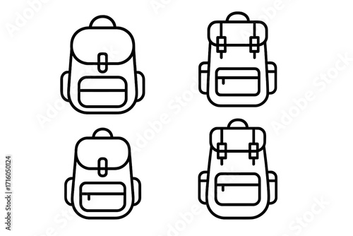 Backpack and schoolbag icon set. Rucksack for hiking, trekking, and travel line art collection. Adventure and camping equipment symbols. Simple outline vector illustration.