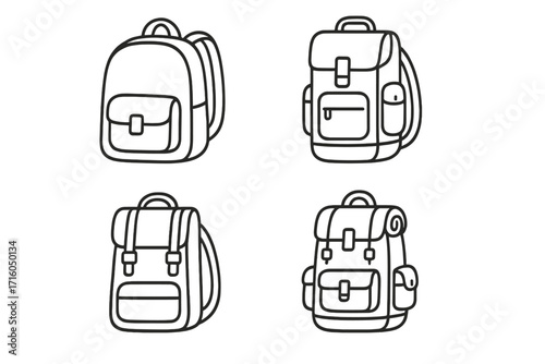 Backpack line icon collection. Rucksack, schoolbag, and hiking bag outline set. Vector illustration for travel, adventure, and tourism concepts. Editable stroke for design.