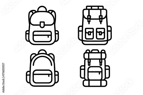 Schoolbag and hiking backpack outline icon set. Vector line art collection of rucksacks for travel, trekking, and camping. Minimalist tourism and adventure bag icons.