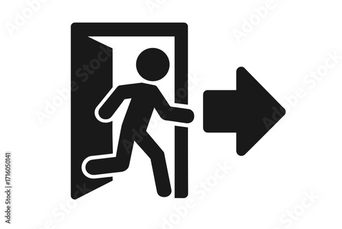 Emergency exit icon. Man running to the door. Escape symbol. Safety sign concept. Figure running through a doorway with an arrow pointing the way out. Evacuation pictogram.