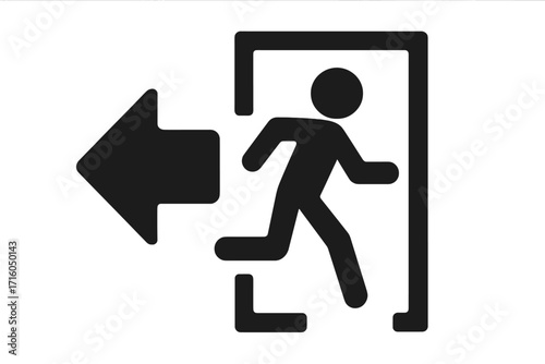 Emergency exit sign with running man pictogram and arrow. Safety symbol for evacuation and way out. Vector silhouette icon for public places. Warning and direction sign.