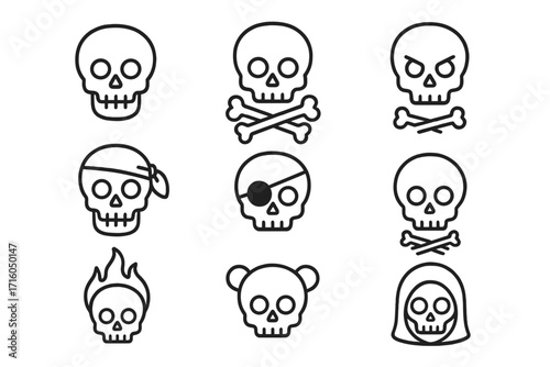 Skull icon set. Pirate jolly roger, death danger symbol collection. Grim reaper, fire flame, angry face. Outline vector heads, bones. Editable stroke pictogram bundle for web.