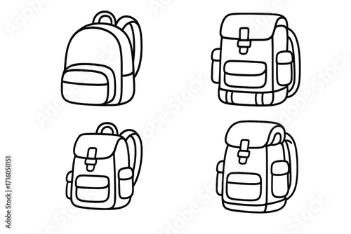 Backpack outline icon set. Schoolbag, rucksack, and hiking bag collection. Line art vector illustration for travel, camping, adventure, and tourism concepts. Simple baggage pictogram.