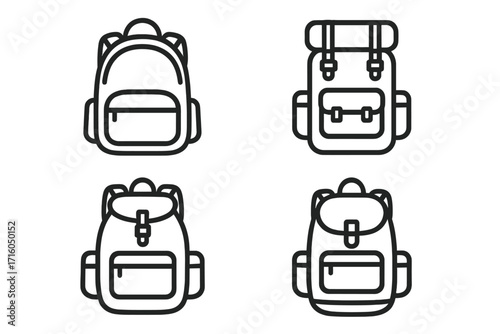 Backpack line icon collection. Schoolbag, rucksack, and hiking bag set. Simple outline pictograms for travel, tourism, trekking, and education. Minimalist vector symbols.