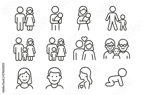 Family life stages line icon set. Mother, father, child, baby, pregnant woman, couple and grandparents pictogram collection. Simple people outline symbols for web design.