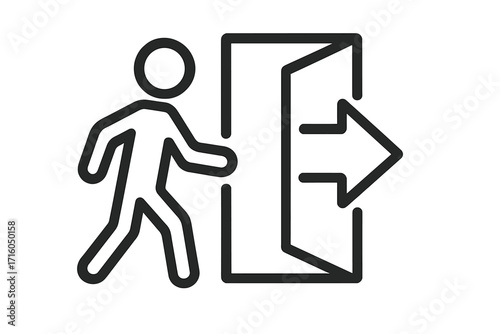 Exit icon. Emergency exit door symbol. Man walking out. Way out sign. Logout and login concept. Escape route pictogram. Entrance and exit. Safety signage. Simple line art vector.