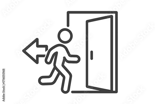 Exit icon vector illustration. Emergency escape symbol. Man running to an open door with arrow. Evacuation route sign. Safety, warning pictogram for way out. Line art design.