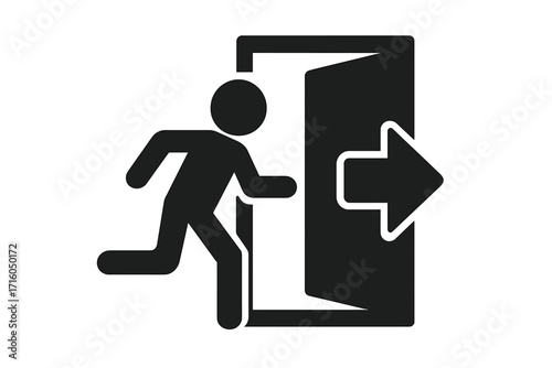 Exit symbol icon of a running man. Emergency exit door sign. Concept for escape, way out, evacuation, and safety. Black silhouette pictogram vector illustration warning.