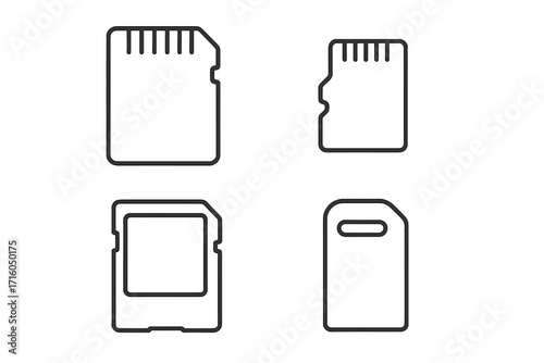 Memory card line icon set. SD card, flash drive, micro sd, data storage concept. Digital technology hardware symbol collection. Editable stroke vector for web, ui, app design.