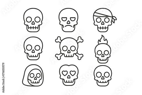 Skull icon set. Thin line vector collection of death symbols. Includes jolly roger, pirate, grim reaper, flaming skull, and heart eyes skull. Editable stroke cartoon illustration.