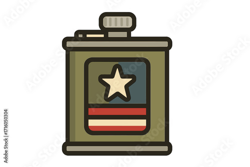Military hip flask vector icon. Army canteen with American flag symbol. Veteran's day patriotic object. Soldier's equipment for alcohol. USA pride beverage container illustration.