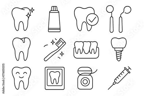 Dentistry and oral hygiene vector line icon bundle. Teeth care, stomatology, implant, toothbrush, toothpaste, floss, and dentist tools. Editable stroke icons for web and apps.