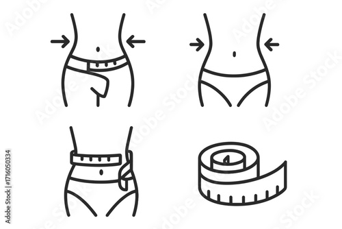 Weight loss icon set with slim waist and measuring tape. Body measurement for diet and fitness concept. Line icons for losing weight, flat belly, and body shaping vector.