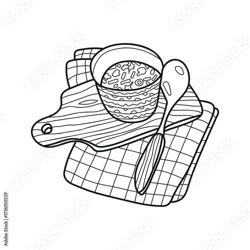 A composition of a plate with food, a spoon, a cutting board and towels in a hand-drawn style