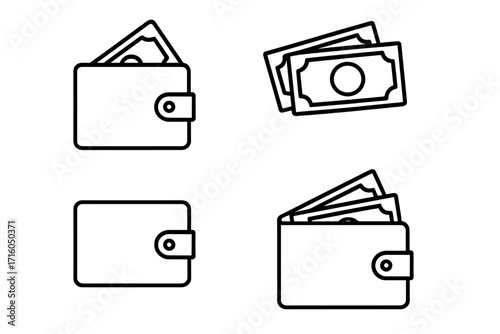 Wallet with money and cash line icon set. Finance, payment, and currency outline vector icons. Business, savings, and income concept. Editable stroke for easy customization.