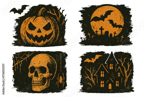 Halloween icon set grunge style. Spooky vector illustration collection. Scary pumpkin, haunted house, skull and bats on cemetery. Horror night party design elements.