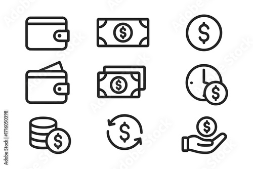 Business and finance line icon set. Minimalist vector symbols for money, banking. Includes wallet, cash, dollar, coin, time is money, payment, and currency exchange.
