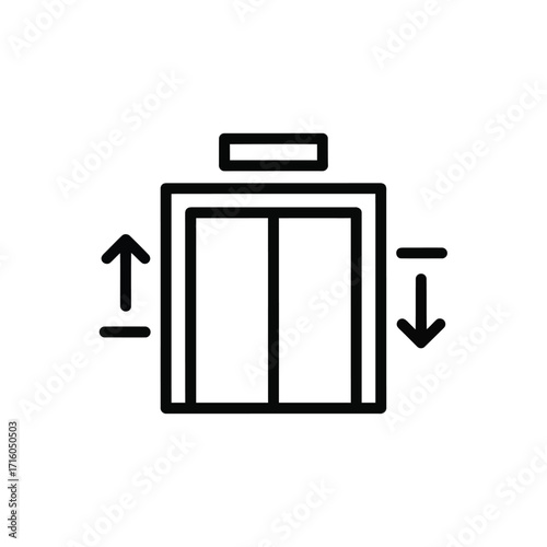 Vector illustration of a minimalist black and white line art icon representing an elevator with up and down arrows, symbolizing movement and transport vector illustration of
