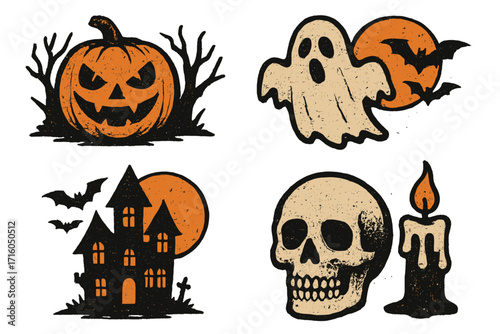 Halloween icon set in vintage grunge style. Spooky vector collection with pumpkin, ghost, haunted house, and skull. Retro horror elements for party decoration or design.