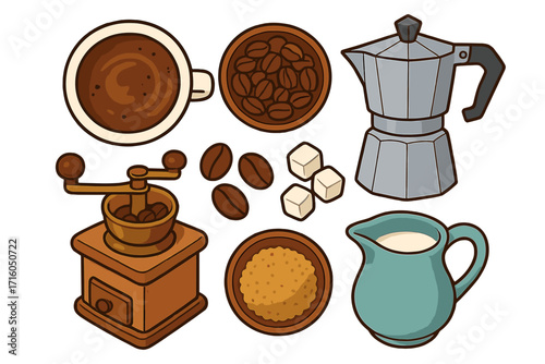 Coffee maker vector ingredients set. Flat lay cartoon illustration. Moka pot, manual grinder, cup, beans, milk, sugar cubes. Espresso making items collection for cafe menu.