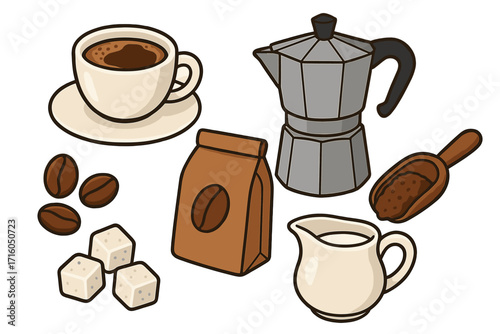 Coffee time vector set. Flat lay cartoon illustration of coffee making ingredients. Moka pot, cup, beans, sugar, milk jug. For cafe menu, beverage icon, sticker pack.