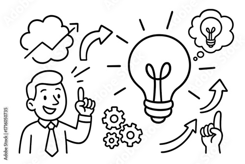 Business idea concept. Man has a creative thought. Light bulb symbol for innovation. Brainstorming, problem solving. Strategy and solution. Growth chart. Doodle character set.