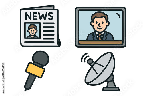 News media vector icon set. Journalism and broadcasting concept illustration. Reporter microphone, television anchor, newspaper press, and satellite dish communication symbols.