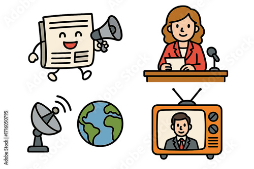 Mass media journalism doodle icon set. Global communication and broadcasting concept. Vector cartoon illustration collection of news anchor, tv, newspaper, and satellite dish.