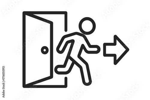 Emergency exit symbol. Man running through an open door icon. Evacuation route and fire escape sign. Safety and public information pictogram. Way out concept vector illustration.