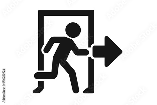 Emergency exit sign with running man icon. Evacuation symbol for the way out. Safety pictogram showing escape route direction. Person leaving through a doorway vector graphic.