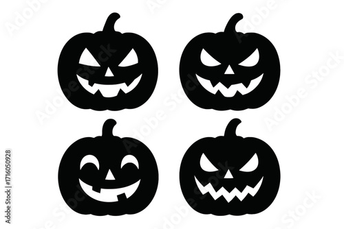 Set of black Halloween pumpkin silhouettes. Jack o'lantern faces with scary, evil, and happy expressions. Spooky vector icon collection for horror or autumn holiday design.