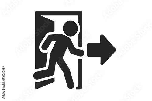 Exit symbol icon of a man running to a door. Emergency evacuation pictogram. Safety sign for escape routes with an arrow. Way out silhouette vector illustration for public places.
