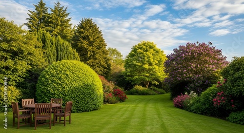 Tranquil backyard garden oasis with a perfectly manicured green lawn, surrounded by lush foliage and vibrant trees on a beautiful seasonal day with a clear blue sky