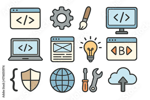 Web development icon set. UI UX design line art elements. Website and app development, coding, programming, software engineering concepts. Technology, security, cloud computing vectors.