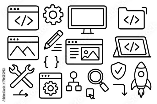 Web development icon set. Hand drawn doodle outline symbols for coding, programming, UI UX design, app creation, startup launch, security, and website optimization process.