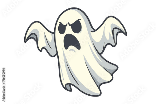Angry ghost vector illustration. Spooky flying phantom monster for Halloween. Scary spirit character icon. Creepy haunting poltergeist design element. Cartoon horror mascot.