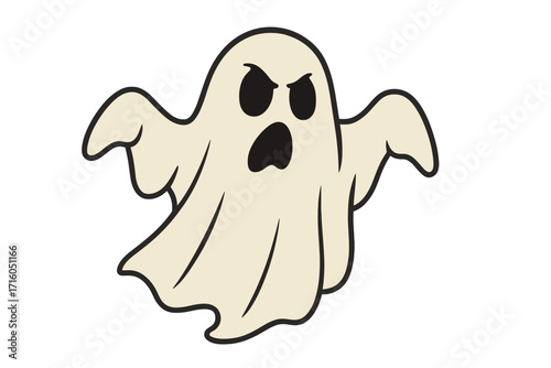Angry ghost cartoon character vector. Scary Halloween monster spirit illustration. Spooky phantom flat design icon for kids party. Soul concept isolated on white background.