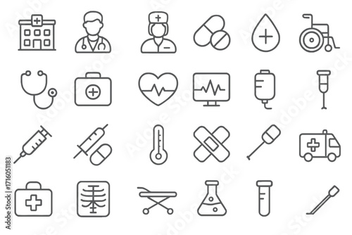 Medical and healthcare thin line icon set. Hospital, clinic, and pharmacy symbols. Doctor, nurse, emergency, and laboratory vector elements for web and app design.