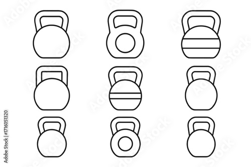 Kettlebell line icon set for gym workout and fitness. Weight lifting equipment for strength training. Bodybuilding sport symbols. Simple black outline vector pictogram collection.