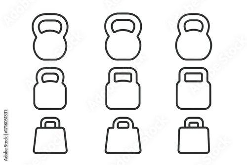 Kettlebell and weight training line icon set. Simple vector graphic collection for fitness, gym, workout, and exercise concepts. Editable stroke for web, apps, and print.