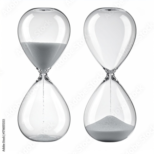 Two hourglass-shaped glass containers, one mostly full and the other nearly empty, showcasing the passage of time