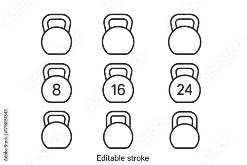 Kettlebell weight line icon set. Collection of gym fitness equipment symbols. Vector icons for exercise, workout, and strength training. Editable stroke illustration.