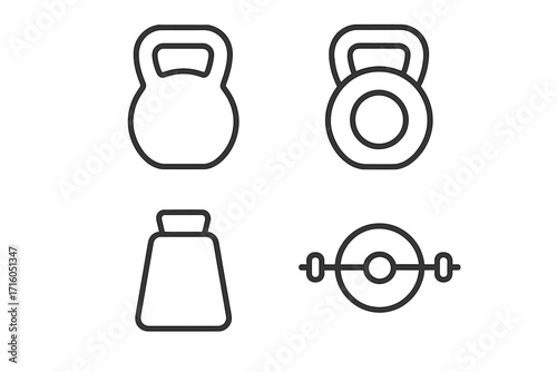 Kettlebell and weight thin line icons collection. Dumbbell, barbell symbols for fitness and gym. Editable stroke vector set for workout, exercise and bodybuilding design.