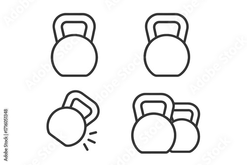 Kettlebell line icon set for fitness, gym workout. Simple weightlifting and crossfit equipment graphic. Editable stroke vector for web, apps. Heavy training concept.