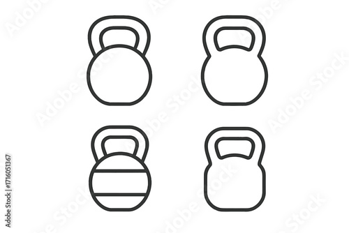 Kettlebell weight line icon set. Fitness gym workout equipment symbol. Strength training and exercise vector collection. Bodybuilding and crossfit outline graphic element. Editable stroke.
