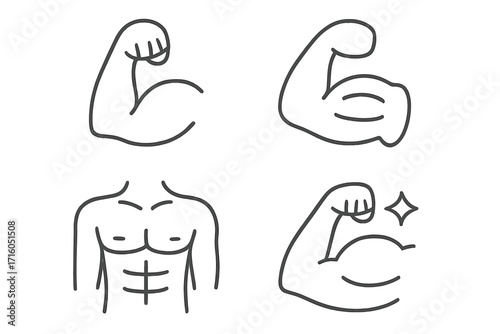 Muscles and torso line icon set. Bicep flex, strong arm, and chest abs outline vector. Editable stroke symbols for fitness, gym, workout, and bodybuilding power. Simple linear man body illustration.