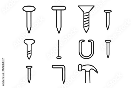Nail and screw icon set. Simple linear image collection of hardware tools. Vector line art for construction, carpentry, and repair. Hammer, staple, and fastener outline icons.